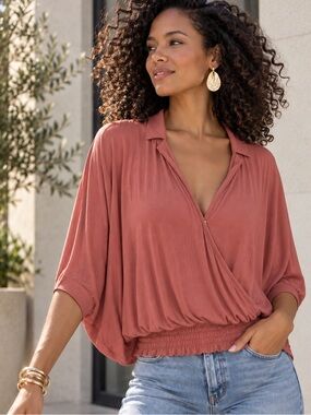 Anthropologie Postmark Coral Dolman Batwing Wrap Top XS/S